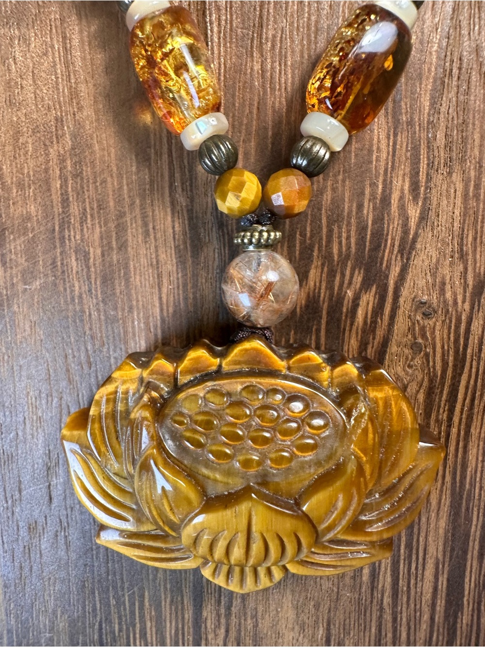 Tiger’s Eye Lotus Pendant Necklace with Golden Rutile and Amber on Rope - Picture 8 of 16